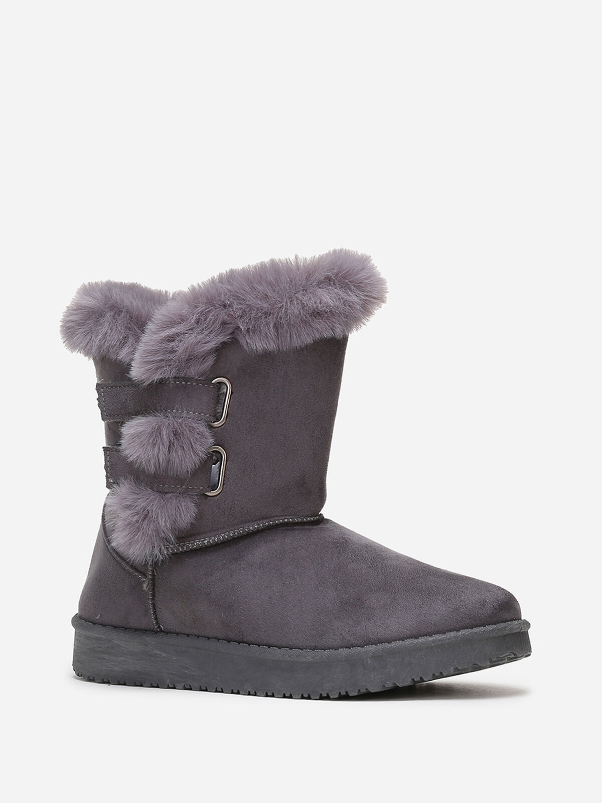 Boots en suédine et fausse fourrure à scratchs- Gris