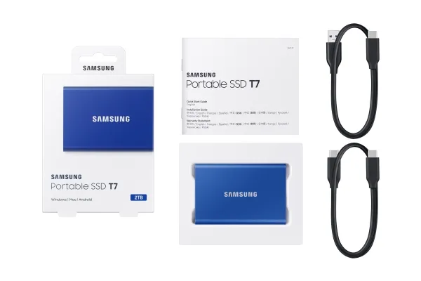 Samsung T7 MU-PC2T0H - SSD - krypteret - 2 TB - ekstern (bærbar) - USB 3.2 Gen 2 (USB-C stikforbindelse) - 256-bit AES - indigoblå