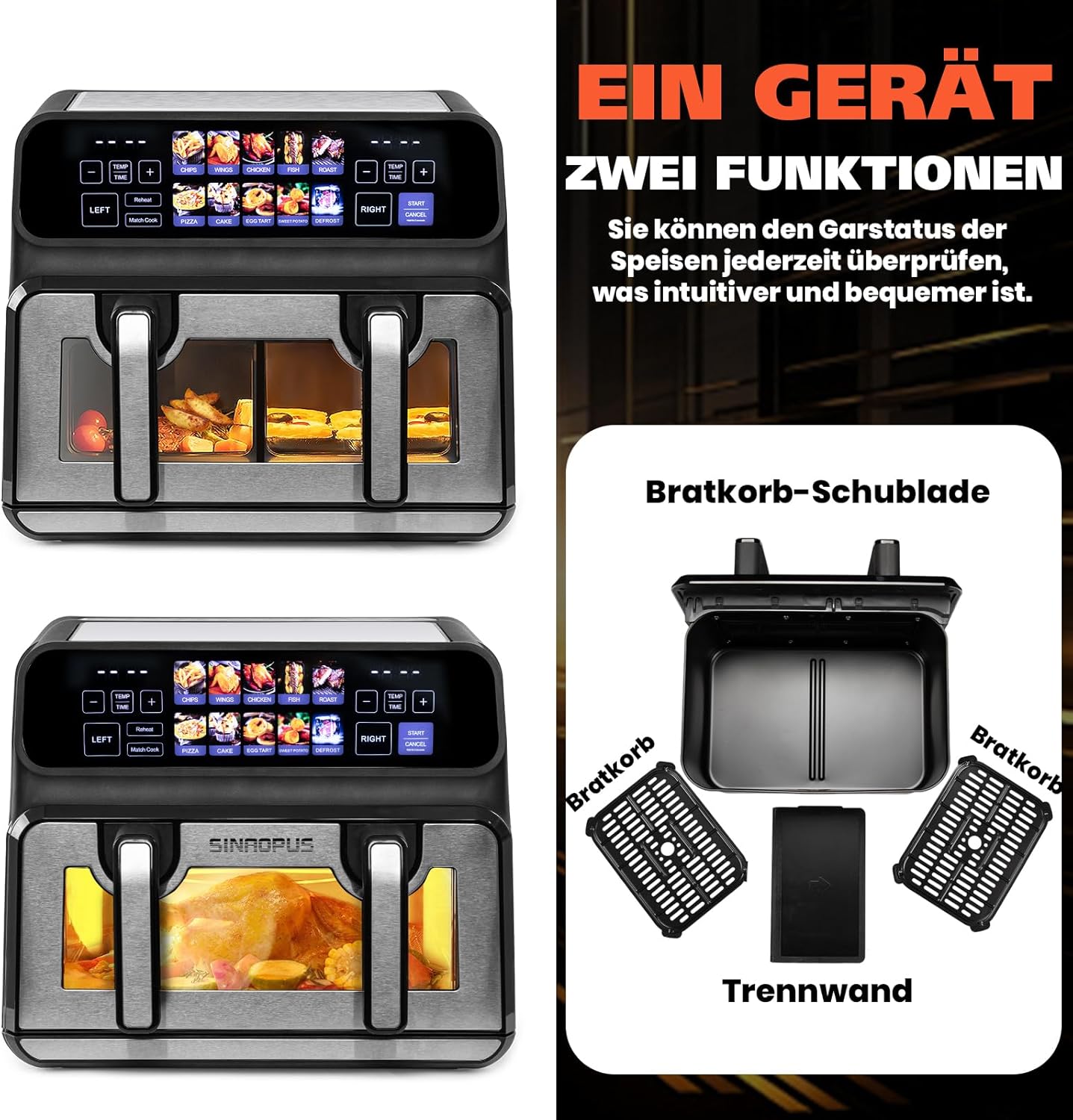 Dual Zone 9L-802TS Heißluftfritteuse, XXL Doppelkammer 2200W Heißluftfritteuse mit Trennwand, LED Touch Display, 8 Programme, 10-in-1 Heißluftfritteuse mit 2 Körben