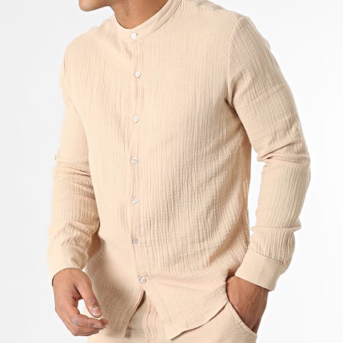 Ensemble Chemise Manches Longues Col Mao Et Pantalon Beige
