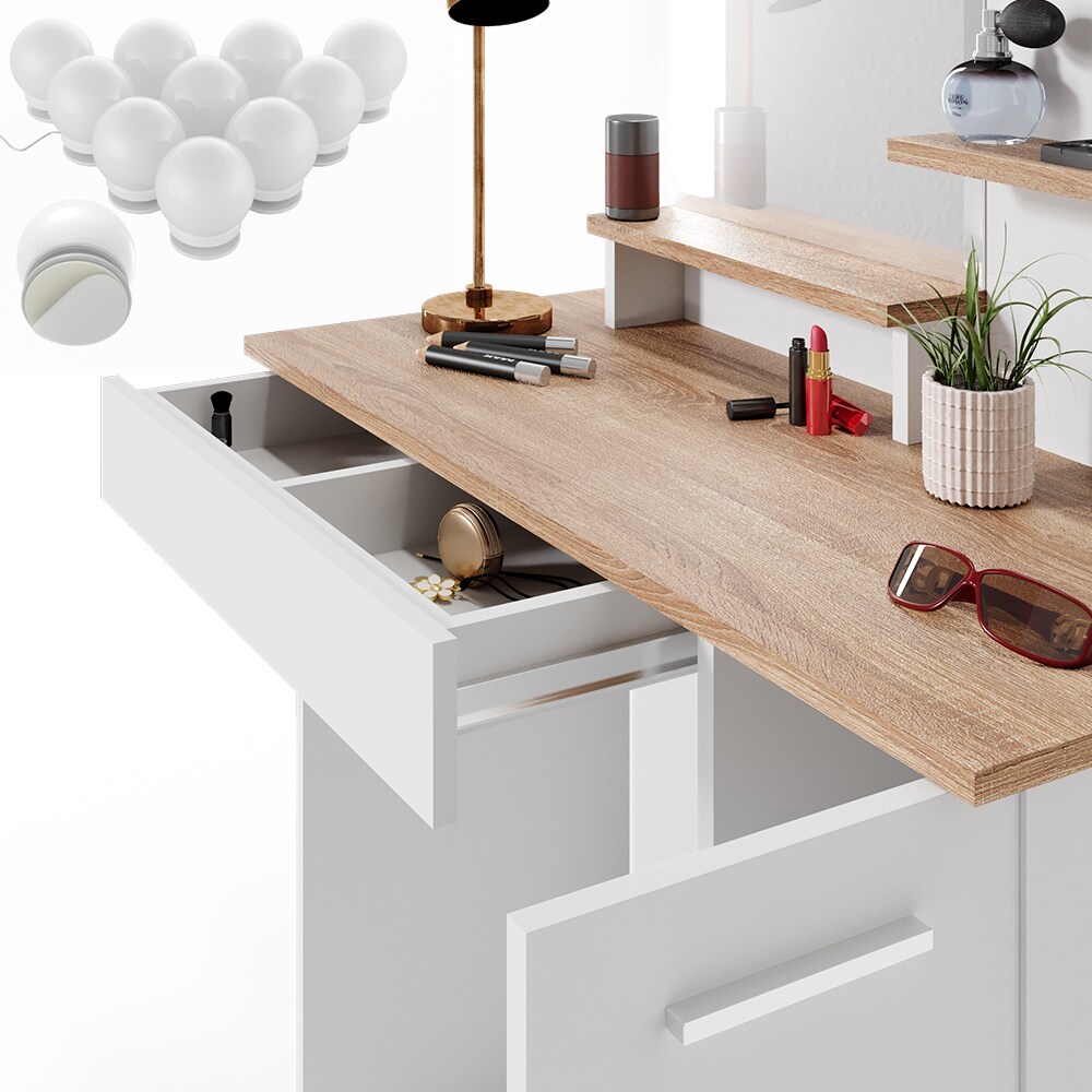 VICCO LED Schminktisch JULIA Frisiertisch Kommode Spiegel Weiß Eiche Kommode