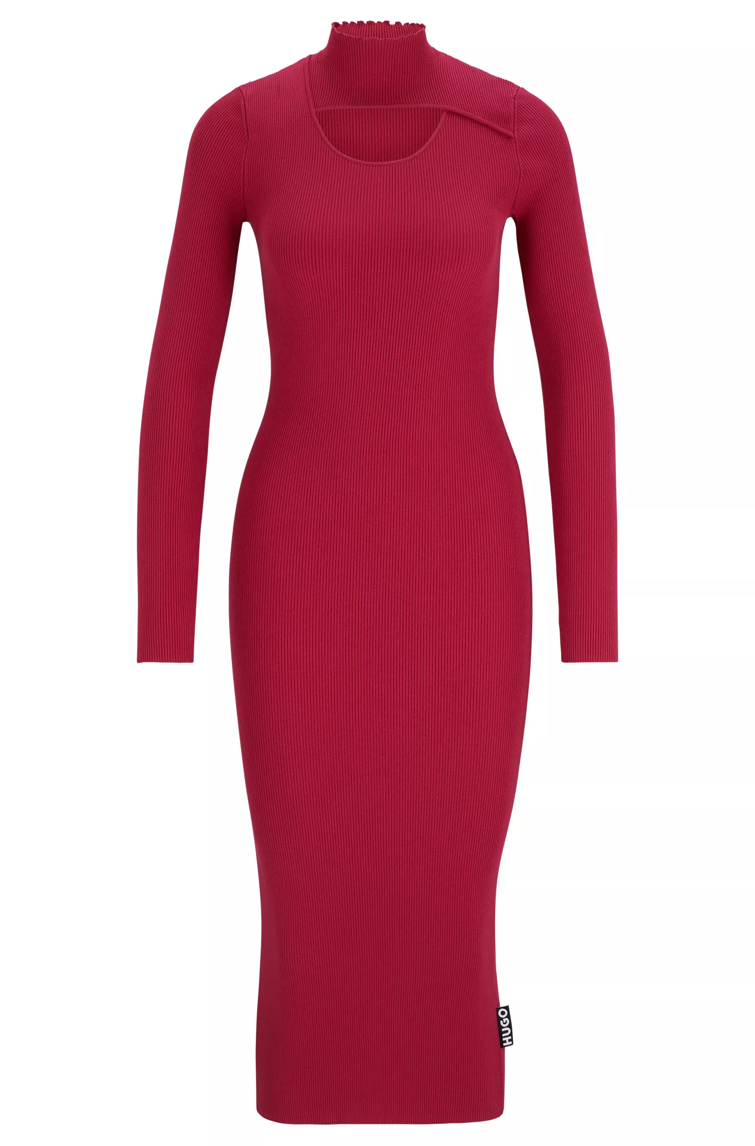 Vestido HUGO vermelho com gola franzida canelada e detalhe vazado.
