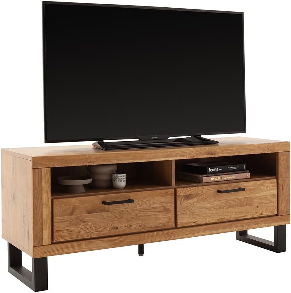 Lomadox Wohnzimmer Lowboard Fernsehschrank mit 138 cm Breite in Eiche teilmassiv, mit 2 offenen Fächern & 2 Schubladen, Echtholz/Massivholz-Fronten, geölt