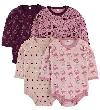 Pippi Baby Bodies l/ä - 4er-Pack - Rosa/Lila m. Muster
