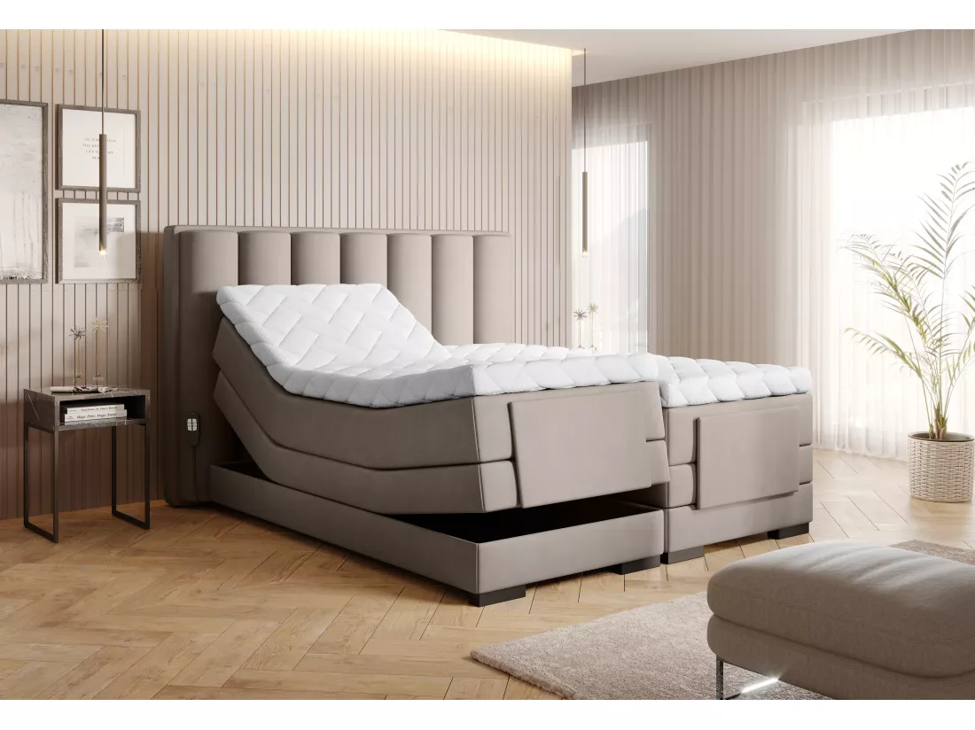 Lit boxspring électrique tissu beige clair avec matelas et surmatelas Arkos-180x200