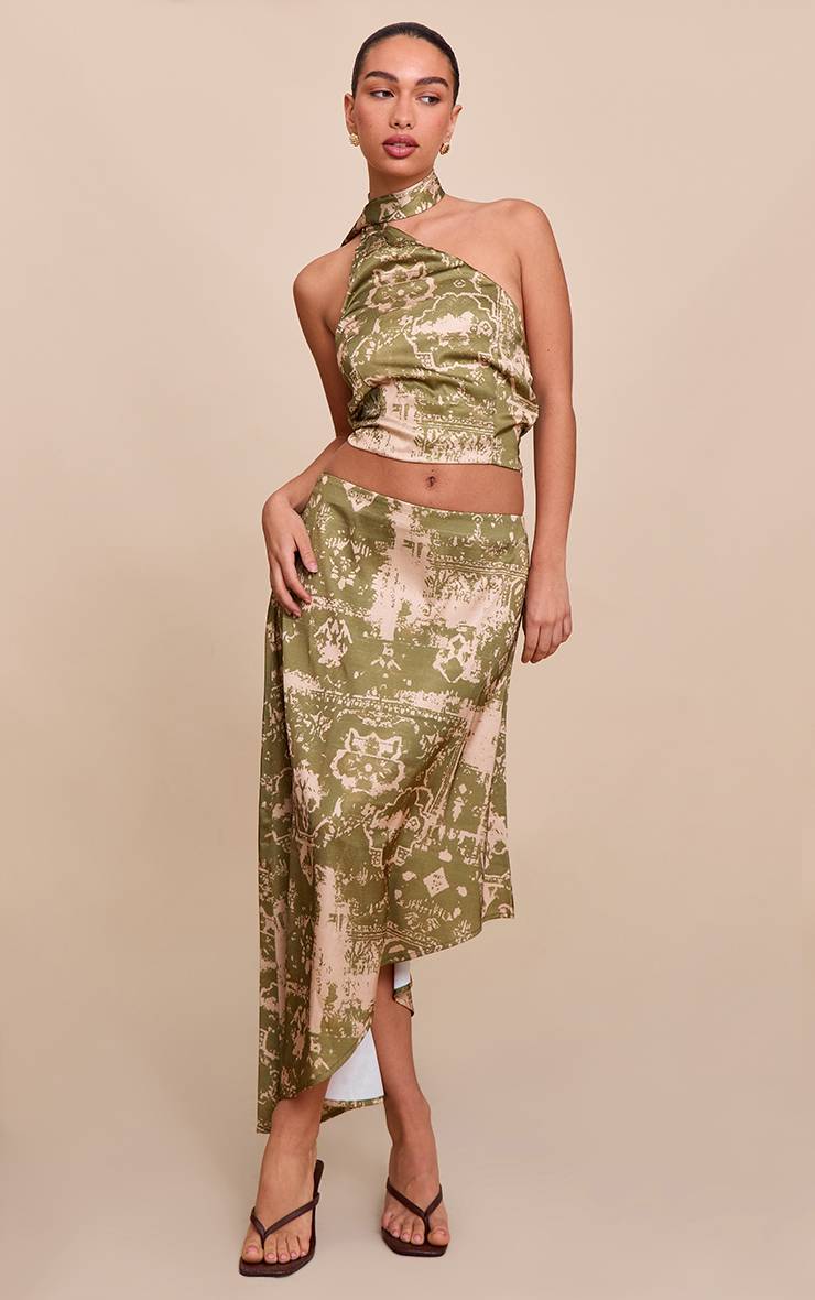 Kaki Jupe Midi Asymétrique En Satin Imprimé Coordonné