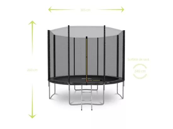 Trampoline de Jardin Deluxe 10FT ø305cm Noir - avec Filet de sécurité, Tapis de saut, Coussin de protection, Echelle