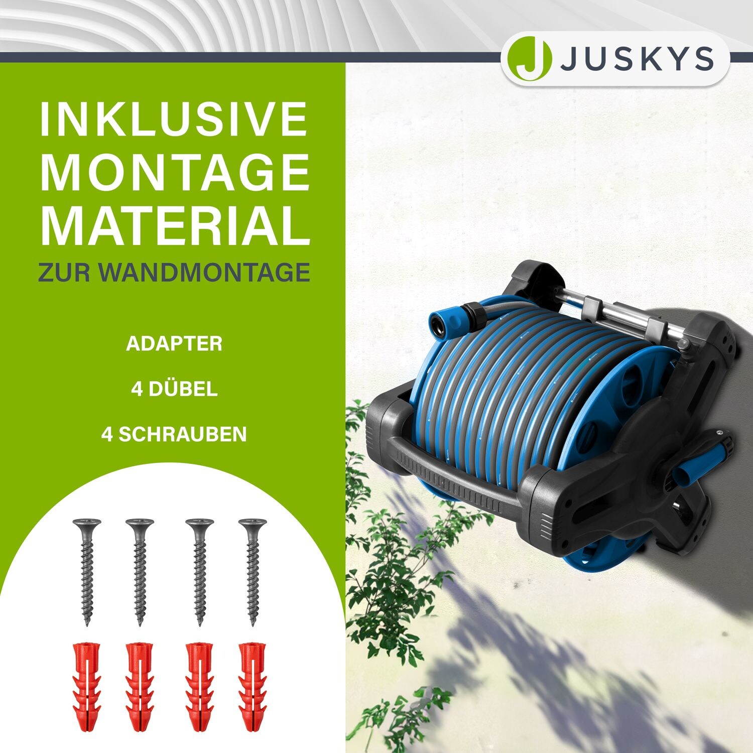 Juskys Schlauchtrommel Basic mit 30 m Wasserschlauch, Multifunktionsbrause und Halterung – Blau Grau