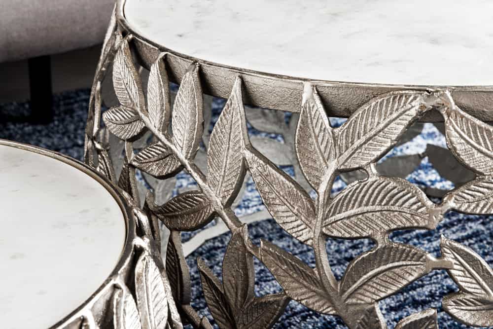 Rundes 2er Set Couchtische ABSTRACT LEAF 70cm weiß silber Marmor Metall Blatt-Design