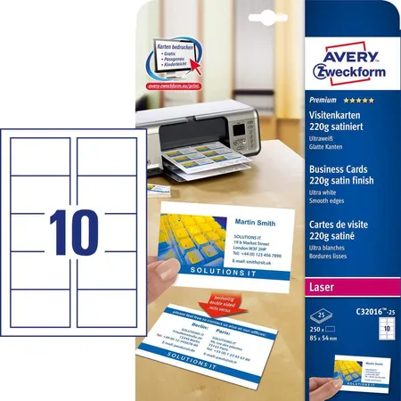 Avery Zweckform C32016-25 Premium Visitenkarten, 85 x 54 mm, beidseitig beschichtet, 250 Karten / 25 Bogen