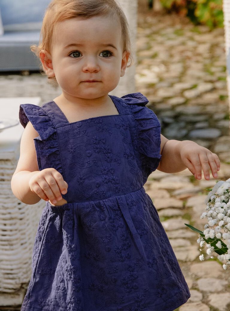 Robe bleu nuit en popeline à broderies fleuries