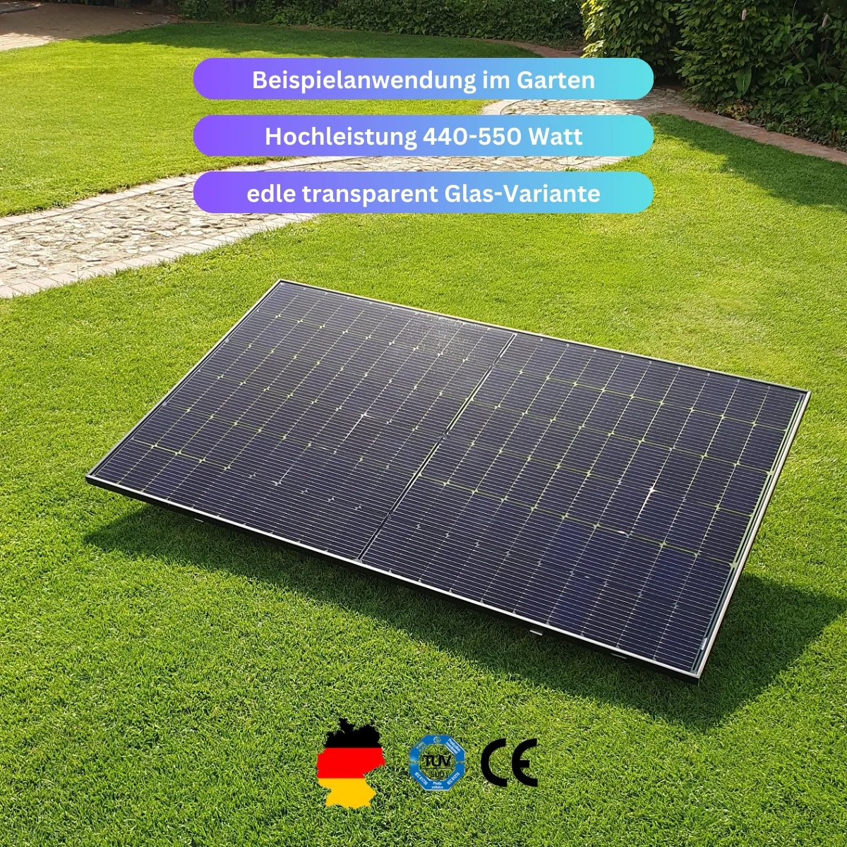 4x 440+ Watt Premium Hochleistungsmodul – Doppelglas transparent Variante zur Stromerzeugung von beiden Seiten (bifazial)
