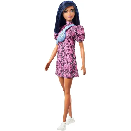 Barbie Fashionistas Puppe (blauhaarig) mit lila kleid, Anziehpuppe, Modepuppe