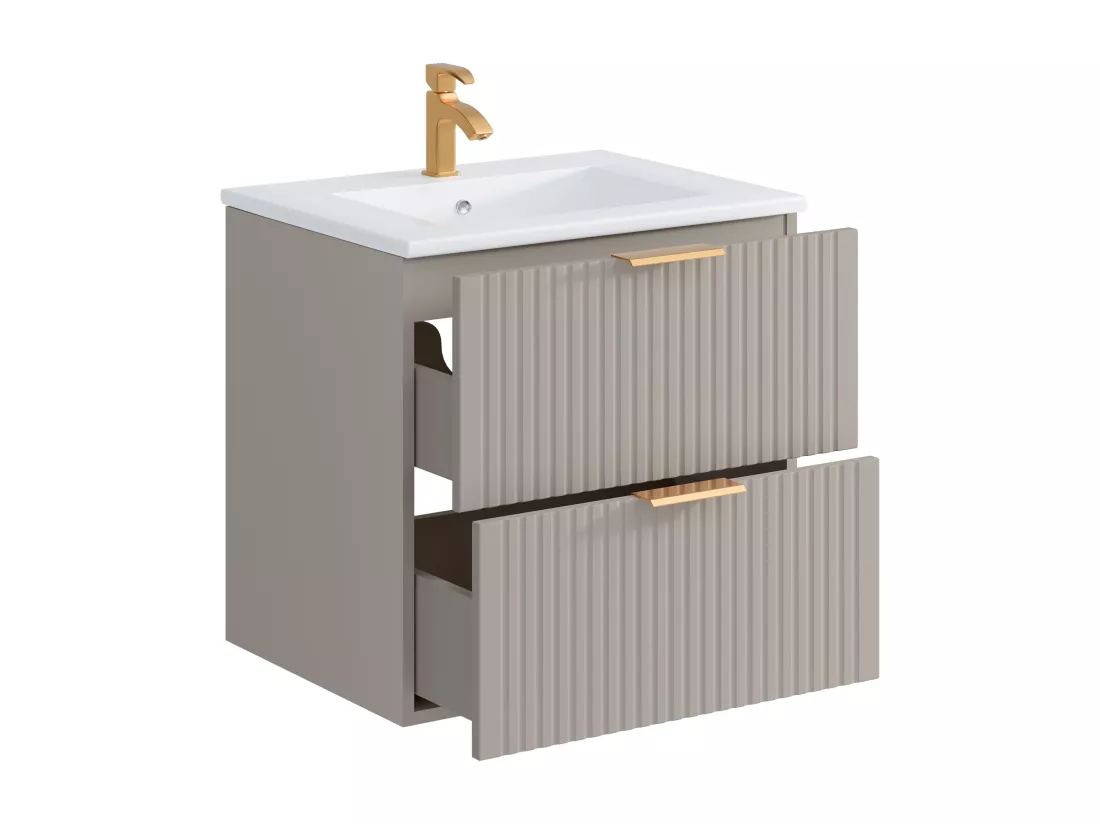 Meuble de salle de bain suspendu strié avec vasque à encastrer - Beige - 60 cm - ZEVARA