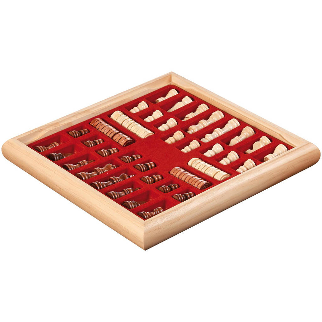 houten schaak-dam set 32x32cm Houten schaak-/damset (32x32 cm)
