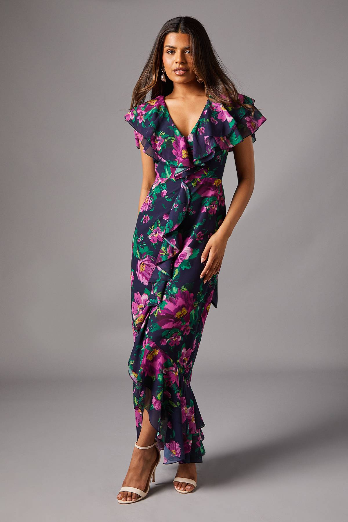 Coast Robe Maxi en Mousseline à Manches Courtes avec Volants - Taille Petite