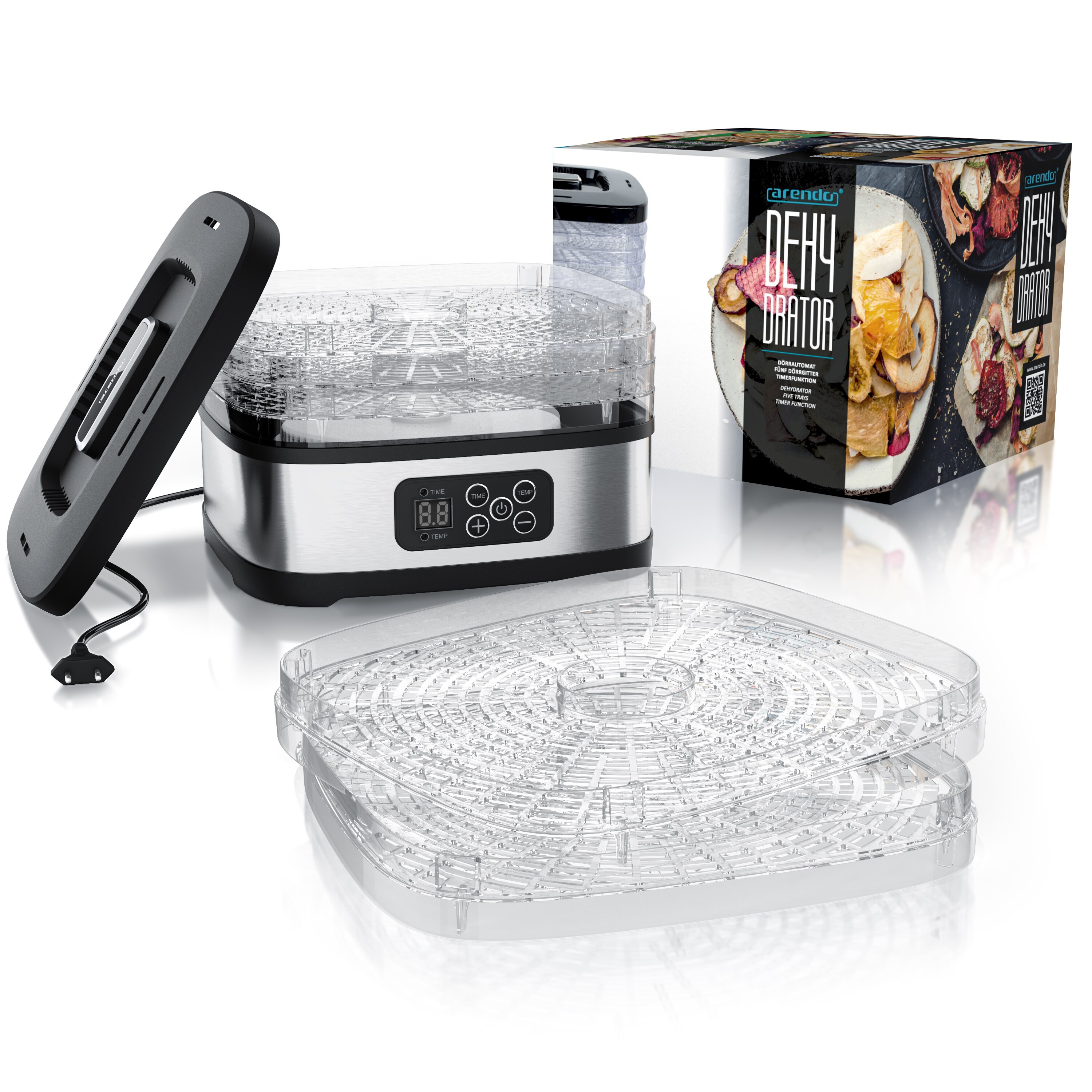 Arendo Dörrautomat mini mit Temperaturregler - Dehydrator - 5 Etagen - Timer 1 bis 72 h - 5 Einlegefächer - je Fach zwei Höhen - Food Fleisch Kräuter