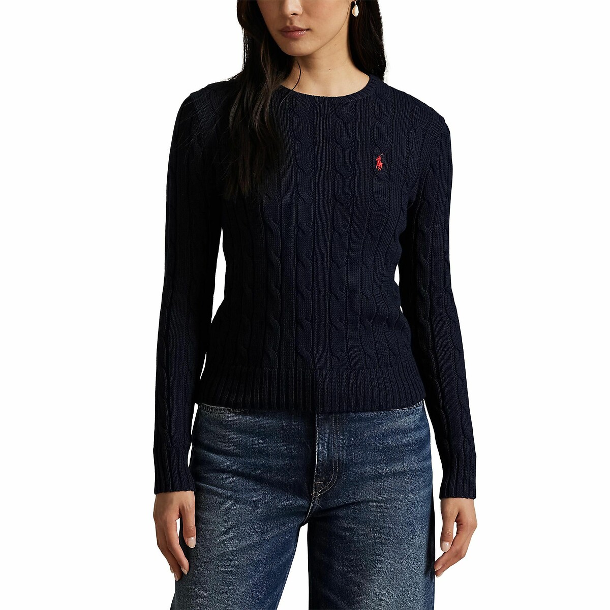 POLO RALPH LAUREN<br>Suéter de malha trançada de algodão com gola redonda
