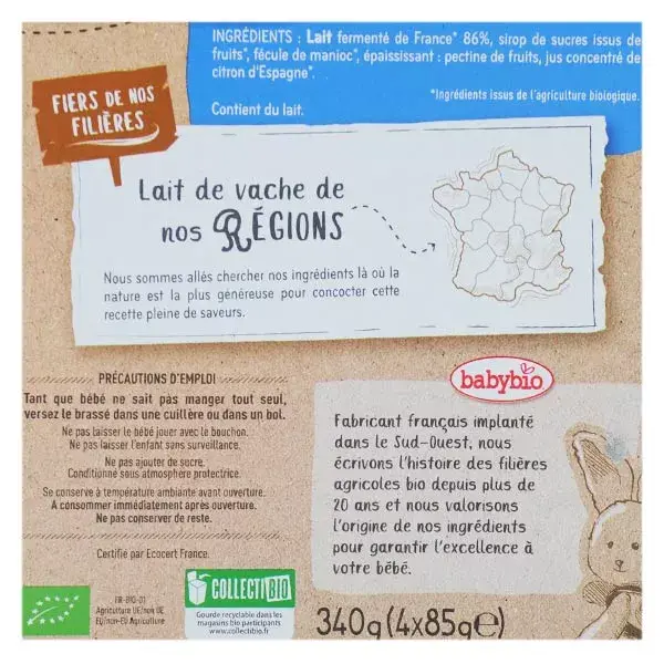 Sobremesas lácteas orgânicas adoçadas Babybio em sachês +6m 4 x 85g