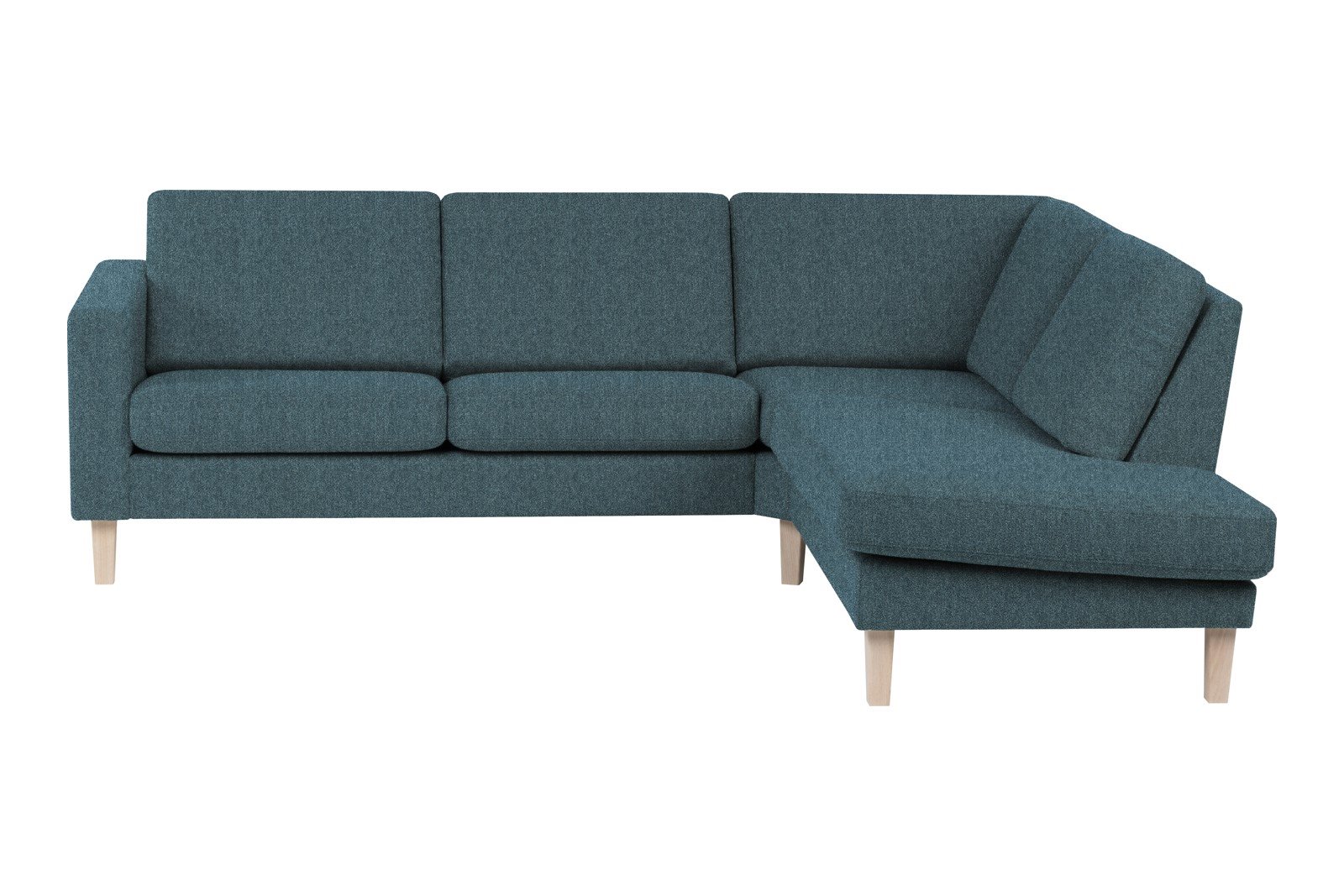 Slogen hjørnesofa Oppsett AH. 2,5-seter med åpen ende høyre. Tekstil Viva Blue med standard ryggpute. Vange B og hvitpigmentert ben 178.