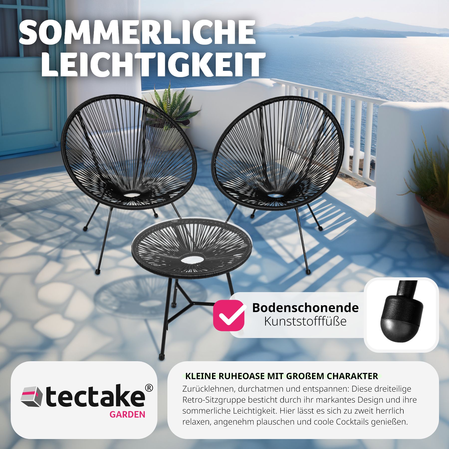 tectake® 2 Gartenstühle Santana mit Tisch, Retro-Design im Acapulco-Stil, UV-beständig, Belastbarkeit Stuhl 120 kg