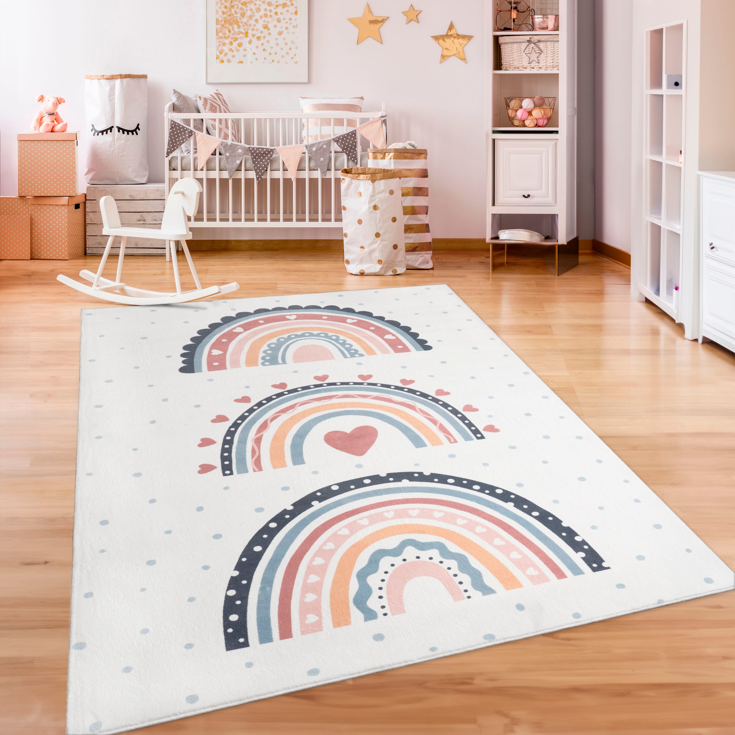 Paco Home Kinderteppich »Eliz 392« rechteckig 12 mm Höhe Kurzflor, Spielteppich, Patchwork-Muster, Motiv Punkte & Regenbogen