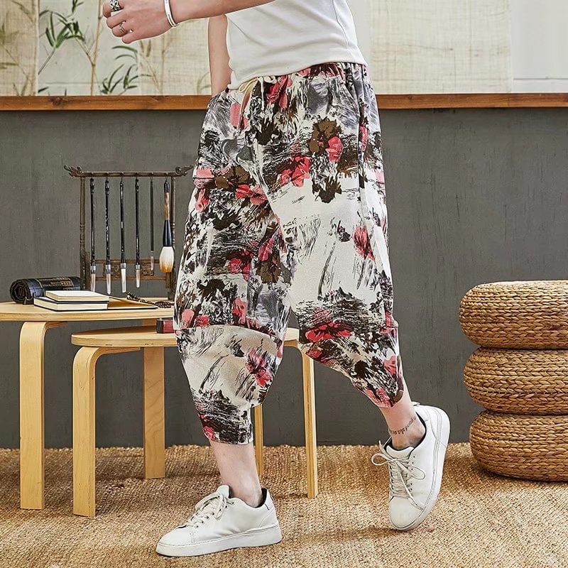 Acrius - Cropped harembroek met trekkoord en print