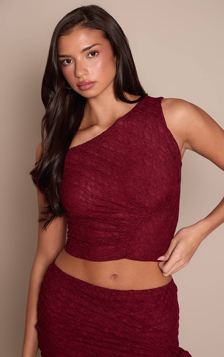 Dark Wine Top Court Asymétrique En Dentelle Froncé