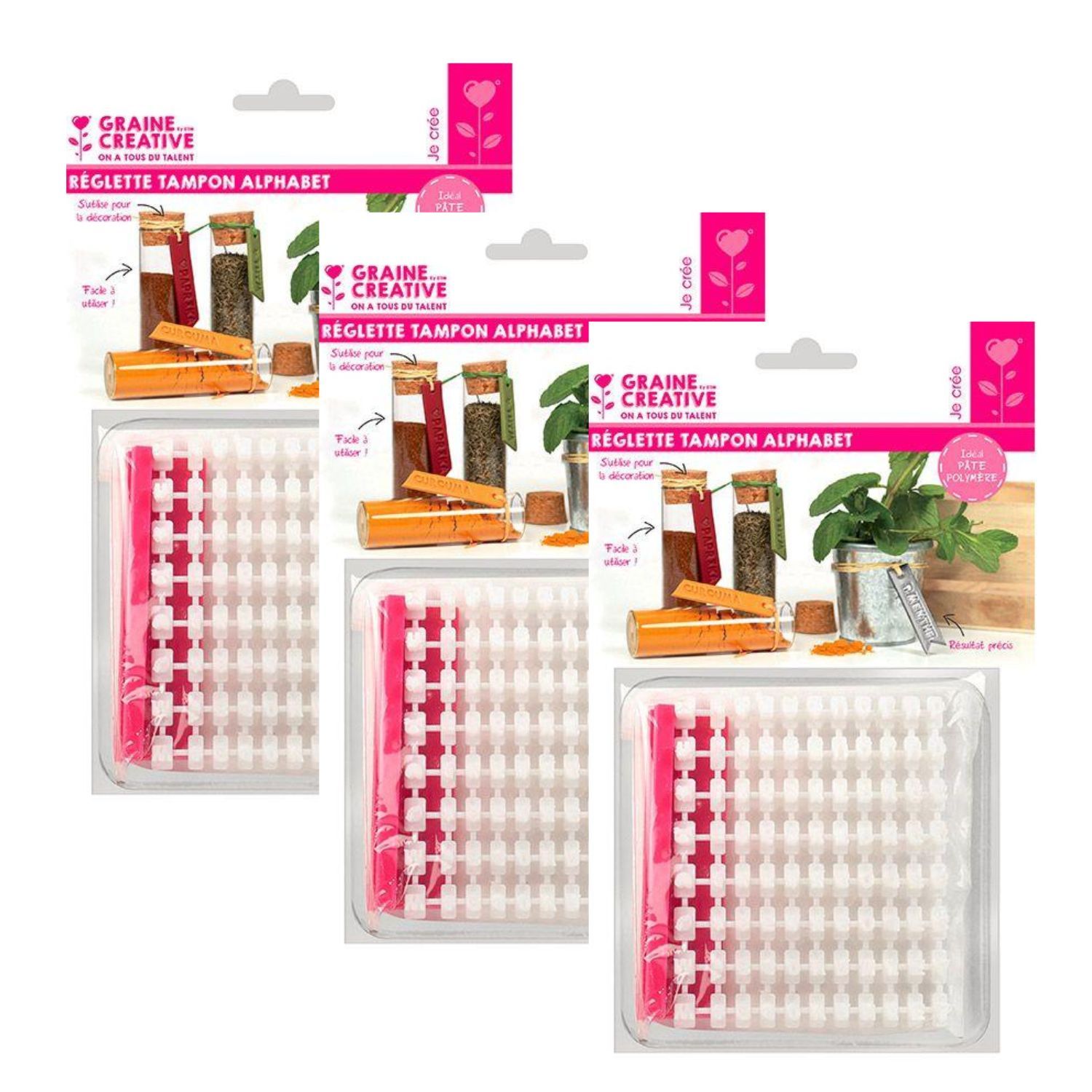 3 réglettes tampon alphabet pour pâte polymère