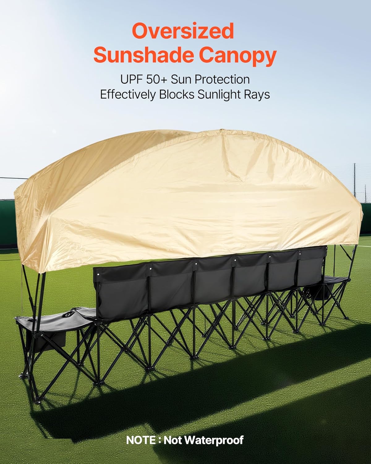 VEVOR tragbare Mannschaftsbank Sitzbank Campingbank (6 Personen) mit Seitentaschen & Tragetasche & Sonnenschutzdach, Klappbank mit Rückenlehne, Seitenbank für Fußball Baseball Outdoor Schwarz