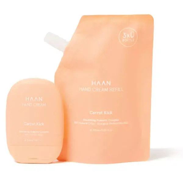 Creme hidratante para mãos Haan Refill Carrot Kick, aroma de semente de cenoura e madeira cremosa, 150ml