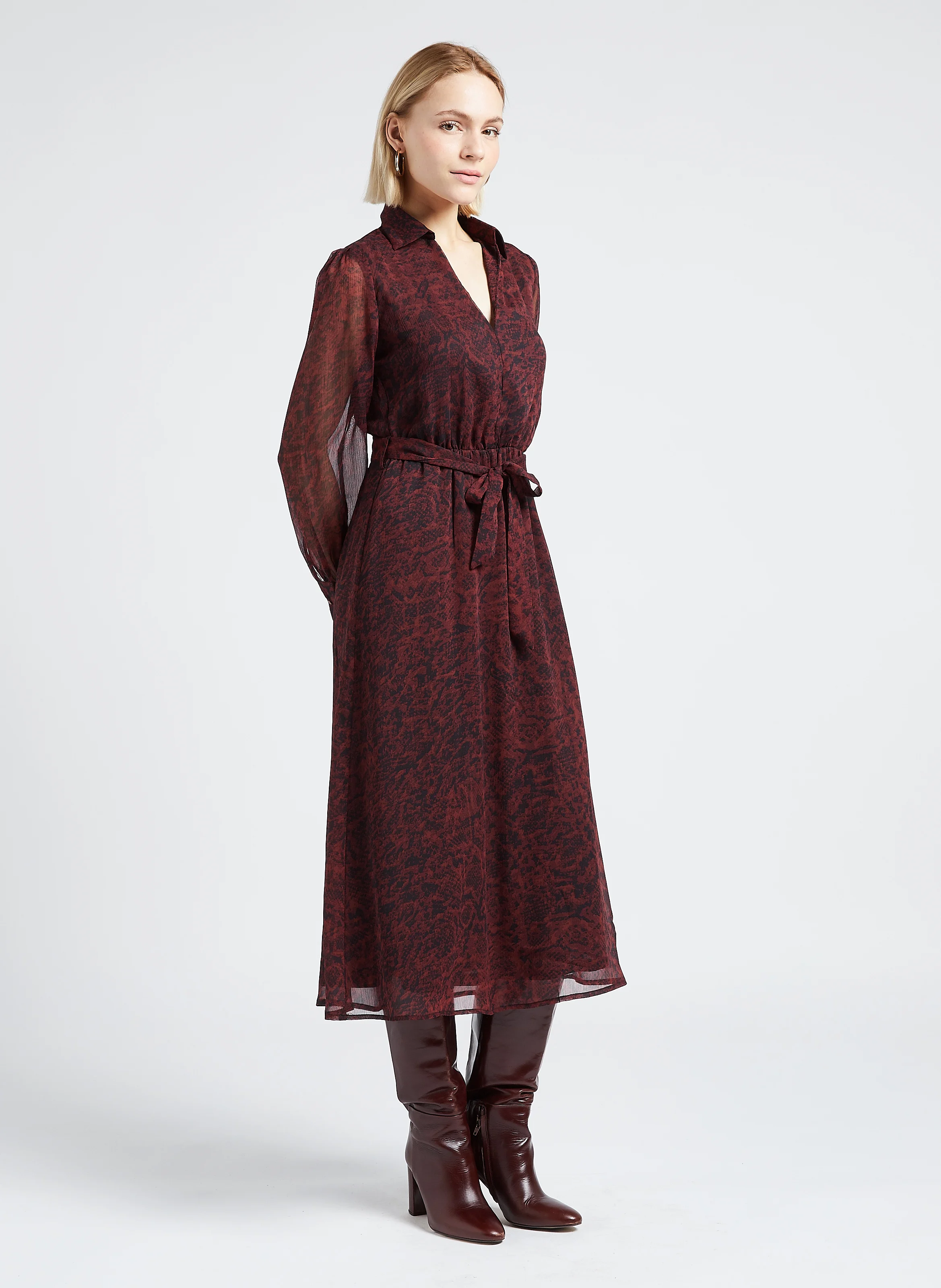 LORETTE - Robe mi-longue col italien imprimée | Violet