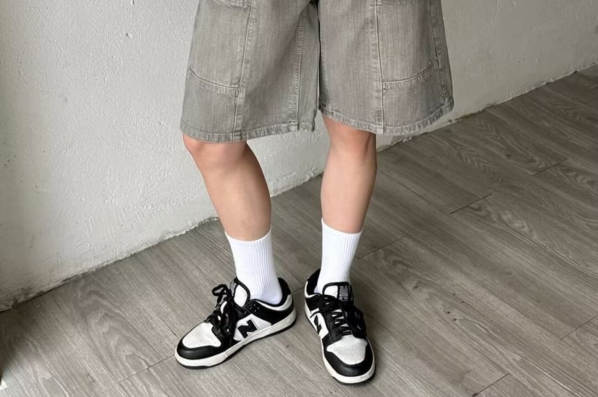 Double White - Mid Rise Washed Panel Denim Shorts