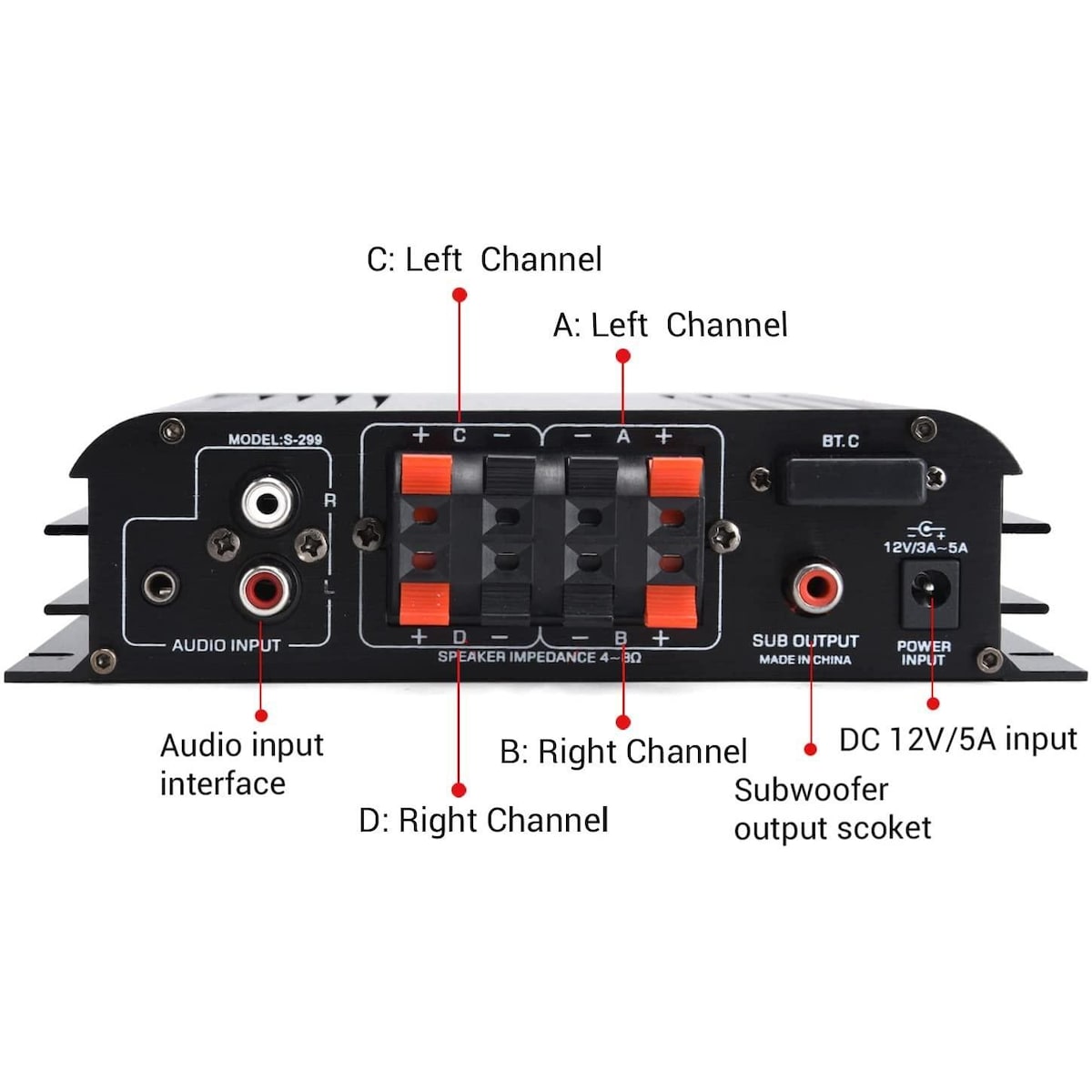 NÖRDIC Bluetooth 5.0 stereo 4.1 forsterker 4X40W + 50W RMS forsterker 2 høyttalere og subwoofer med USB og SD mediespillerinngang