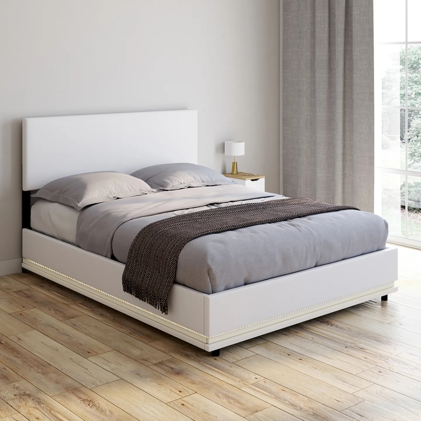 Lit coffre double OWEN avec LED intégrées + tête de lit et sommier 140 x 190 cm PVC blanc