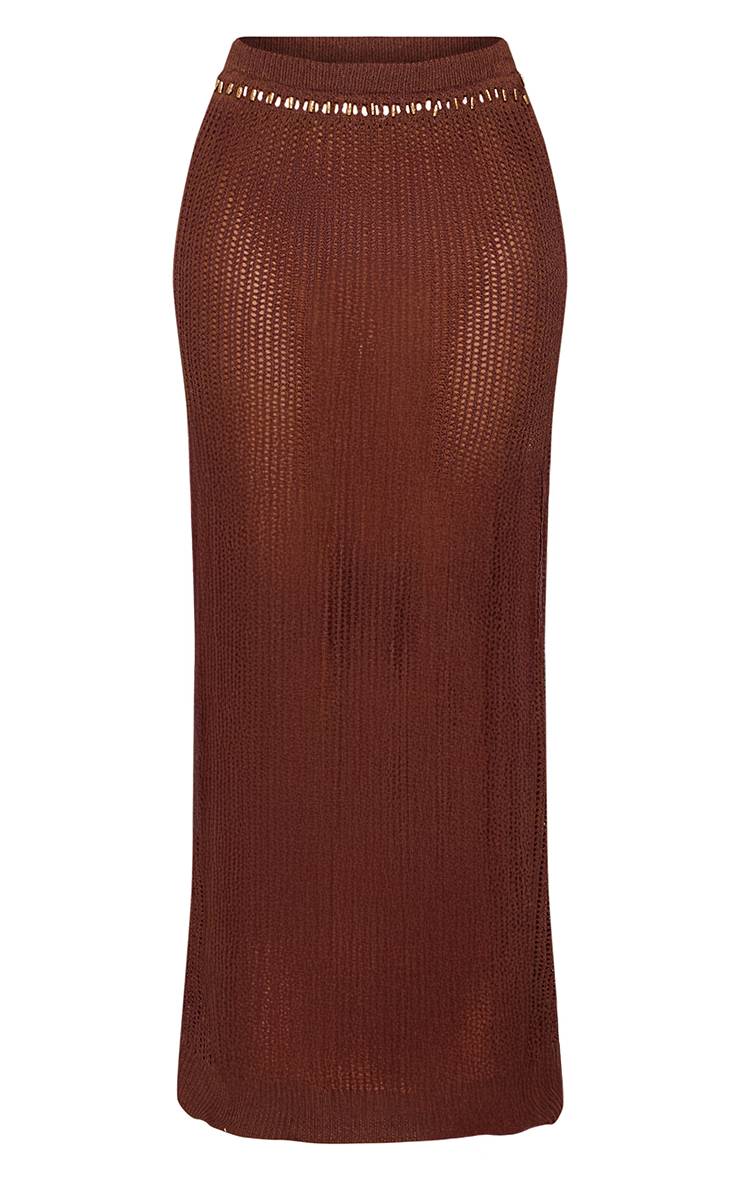 Chocolat Jupe Longue En Maille Ajourée Ornée De Perles Petite