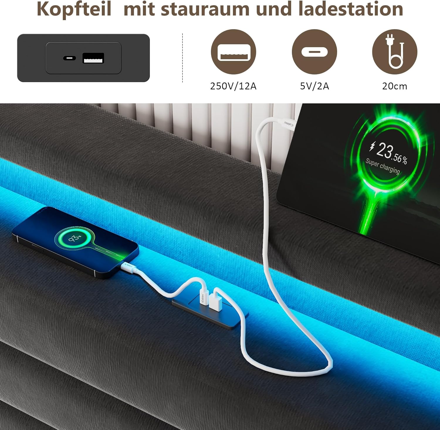 FEONASE Bett 140x200 mit Stauraum, Polsterbett 140x200 cm mit LED-Beleuchtung & Ladestation, Bettgestell mit Hydraulischem und Velous Kopfteil Stauraum, Lattenrost, Ohne Matratze, Dunkelgrau