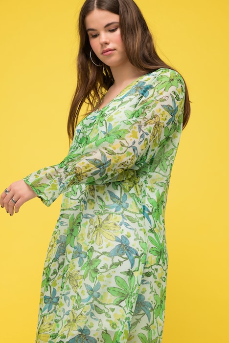 Maxikleid, A-Line, Chiffon, Blumen-Print, V-Ausschnitt, Langarm