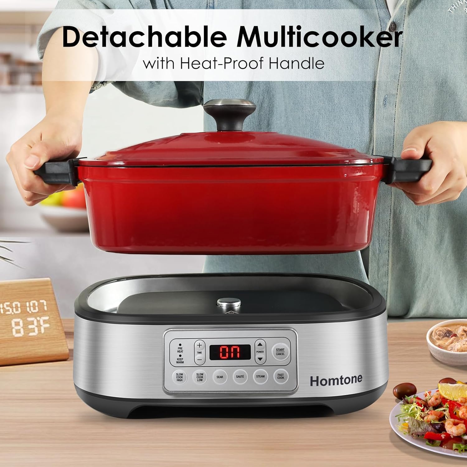Homtone Slow Cooker Schongarer 6-in-1, 5,5L Multikocher Programmierbarer Abnehmbarer Emaille-Schmortopf, Keramik-Antihaftbeschichtung, Langsames Garen, Anbraten, Dämpfen mit Dampfgarrost, Rot