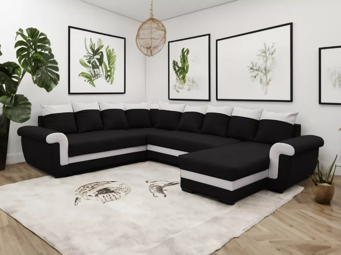 Canapé panoramique convertible LATTIA en tissu noir et blanc