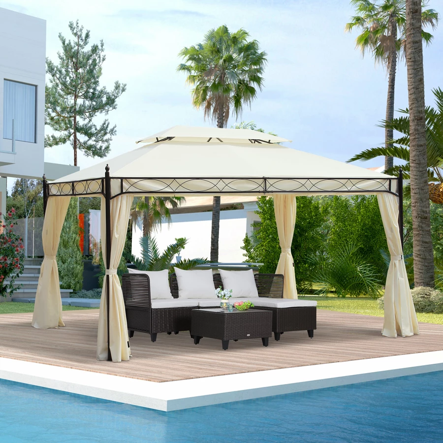 Outsunny Luxus Pavillon mit Doppeldach cremeweiß, schwarz