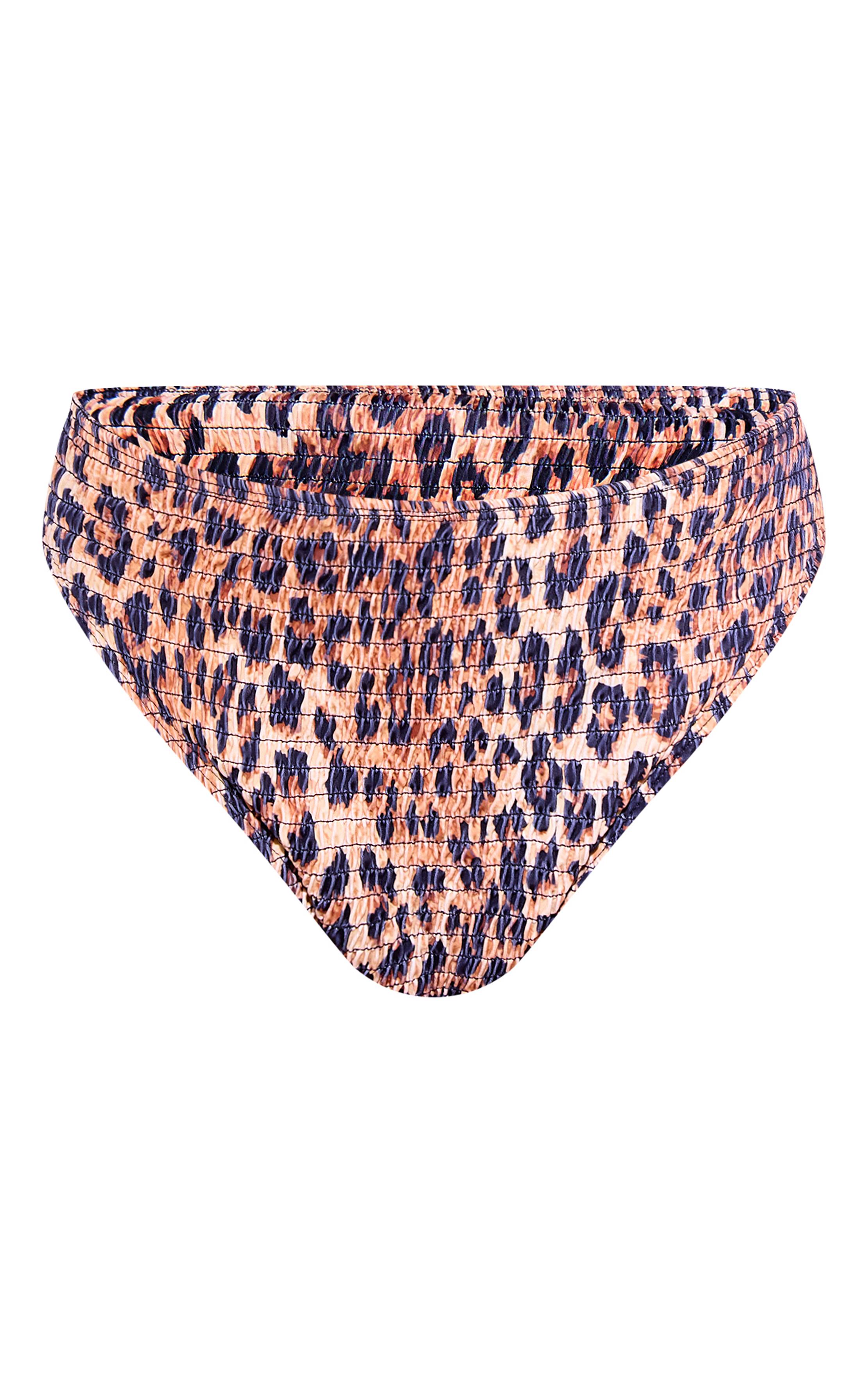 Marron Bas De Bikini Taille Haute Froncé Imprimé Léopard