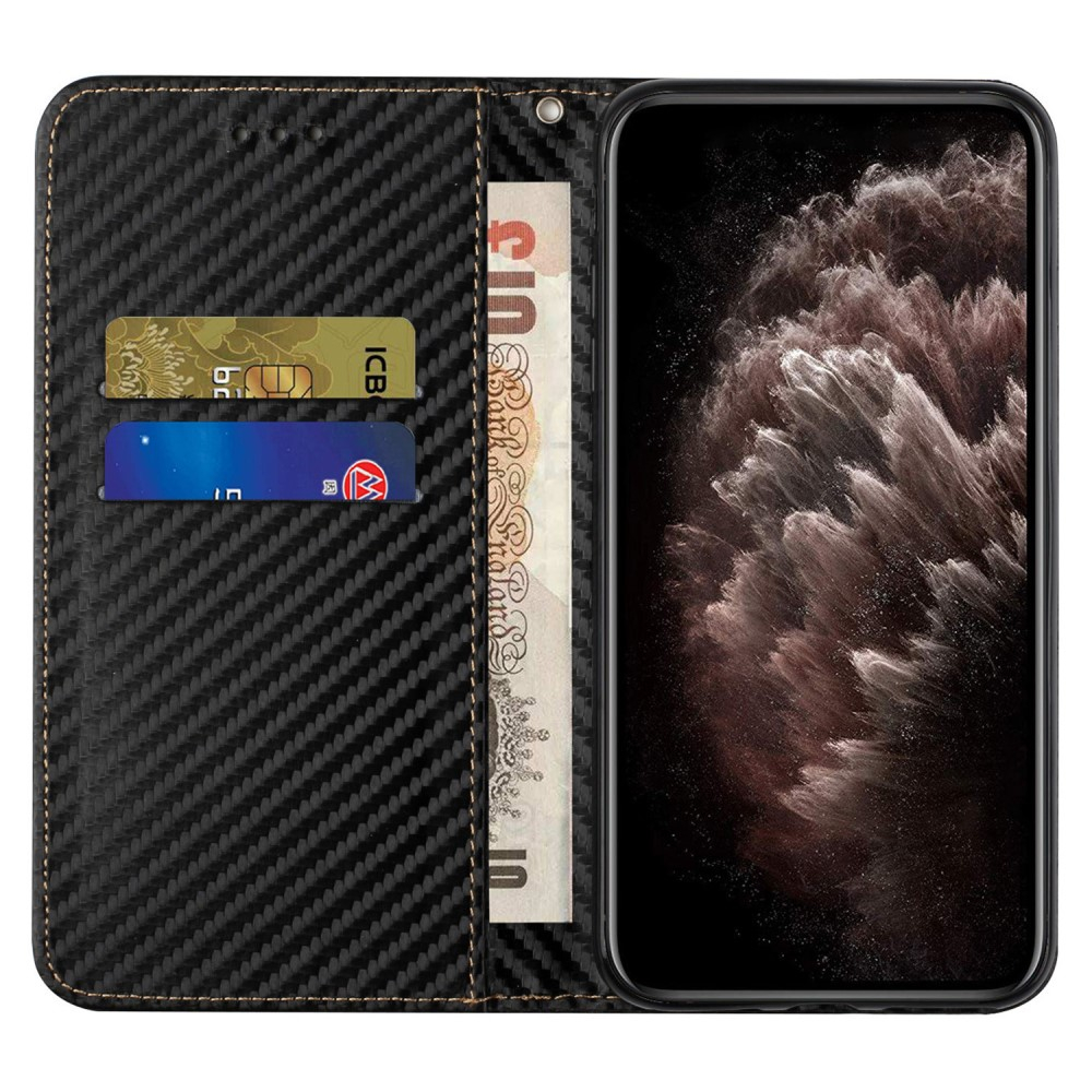 iPhone 15 Pro Leder Tasche Flip Cover Carbon Look - Schwarz