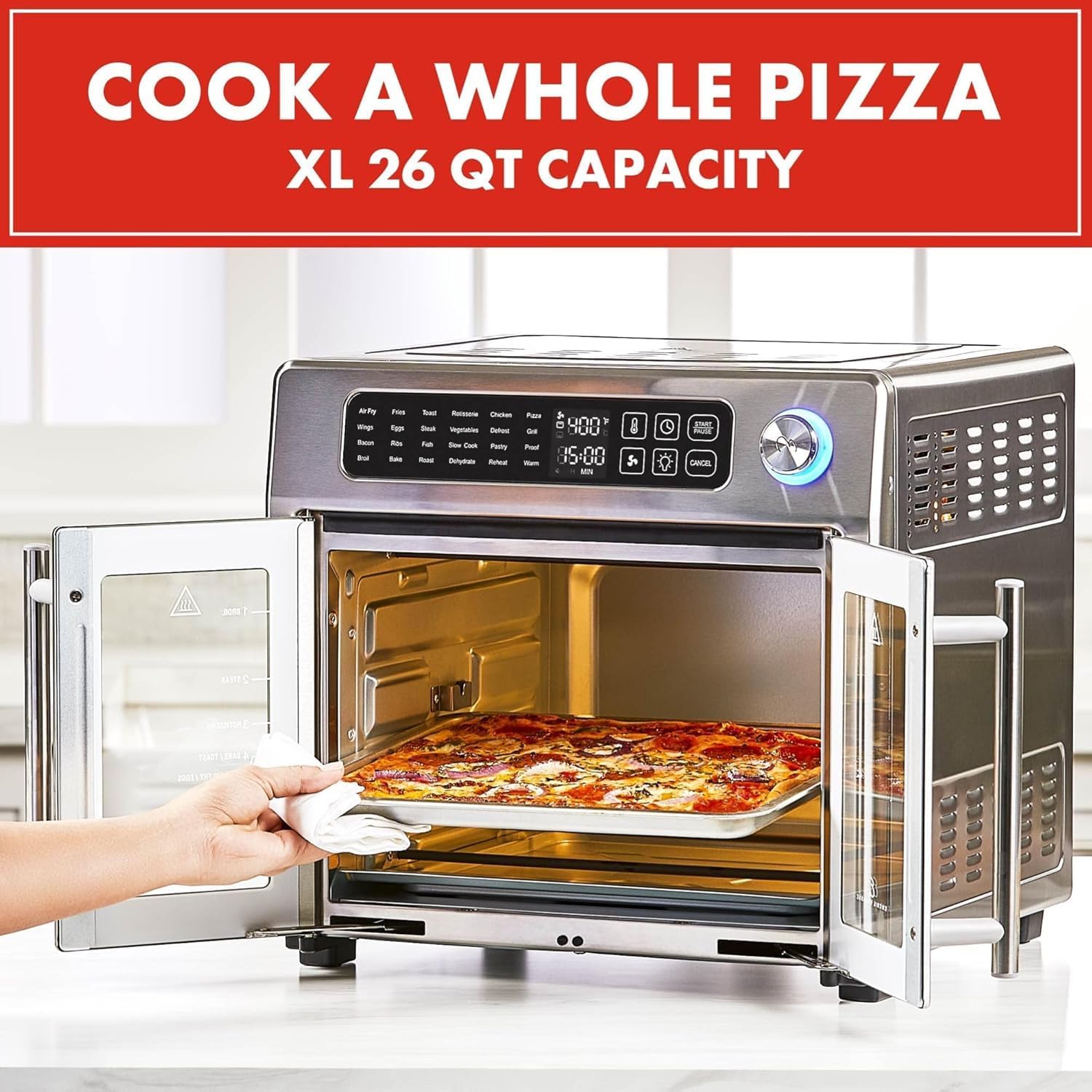 Emeril Lagasse Friteuse à air comprimé extra large, 24 fonctions de cuisson et commandes numériques, 7 accessoires inclus, finition en acier inoxydable, capacité de 26 l