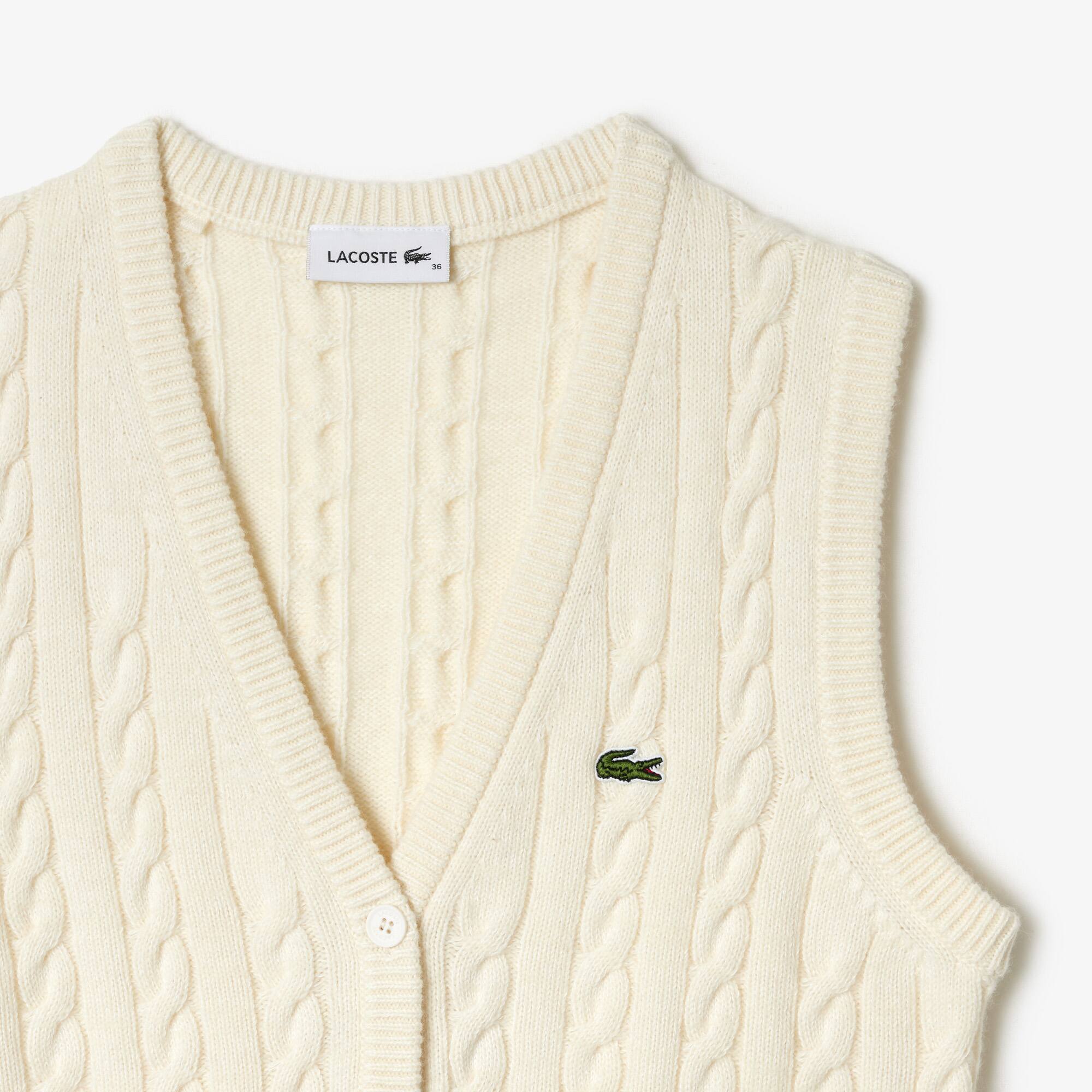 Cardigan sans manche à torsades en coton et laine Pullovers - Blanc - Lacoste - Femme