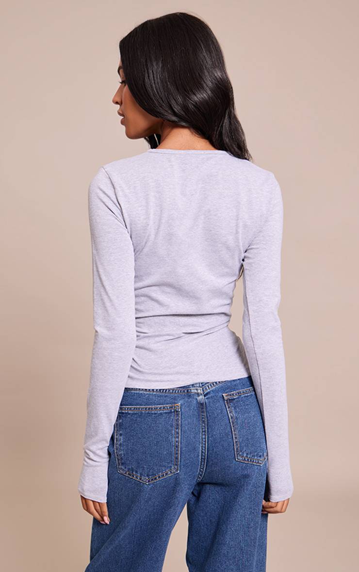 Gris Chiné Haut À Manches Longues En Coton Col Rond Tall