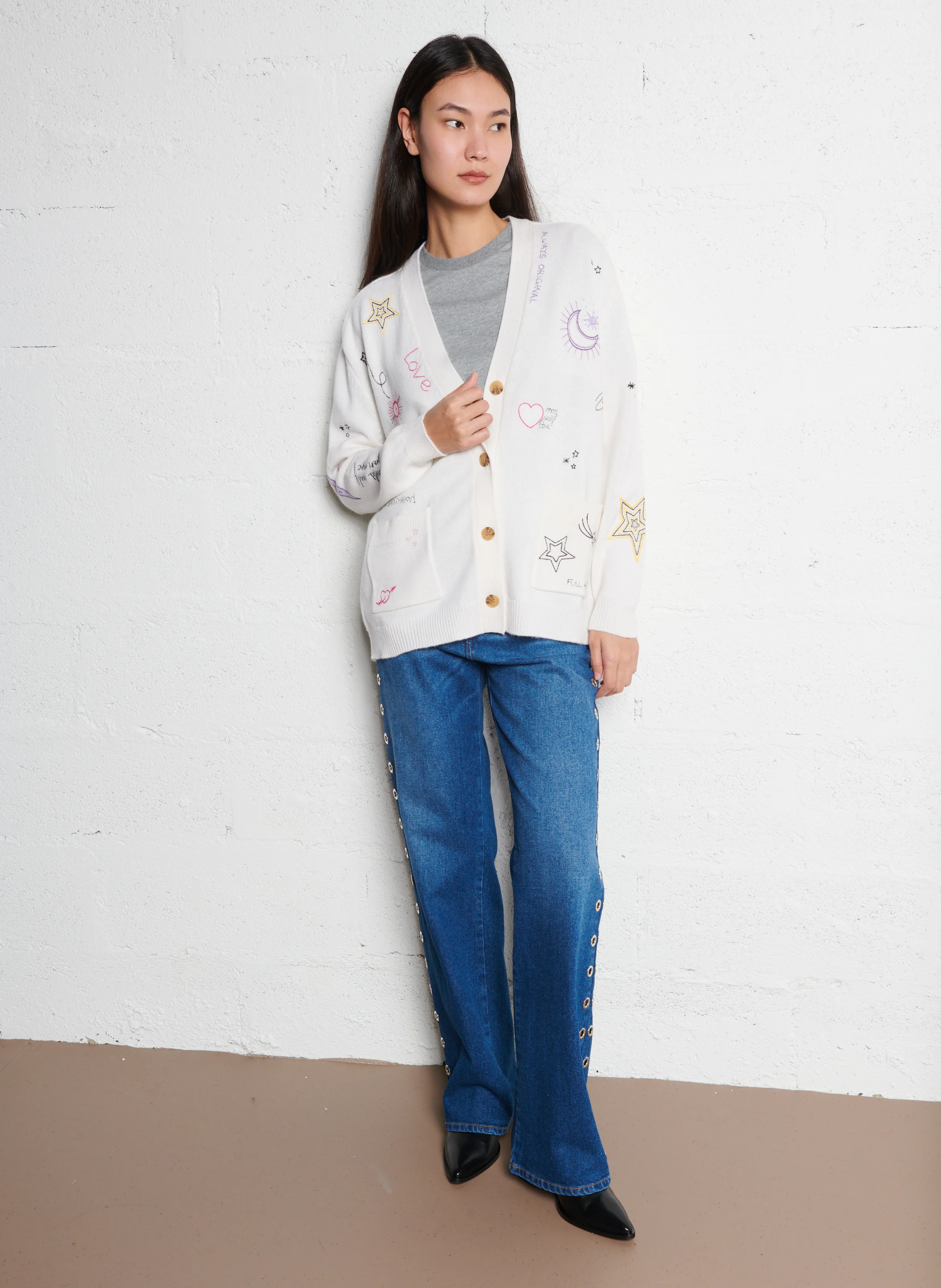 GIULIO - Cardigan droit brodé en laine | Blanc