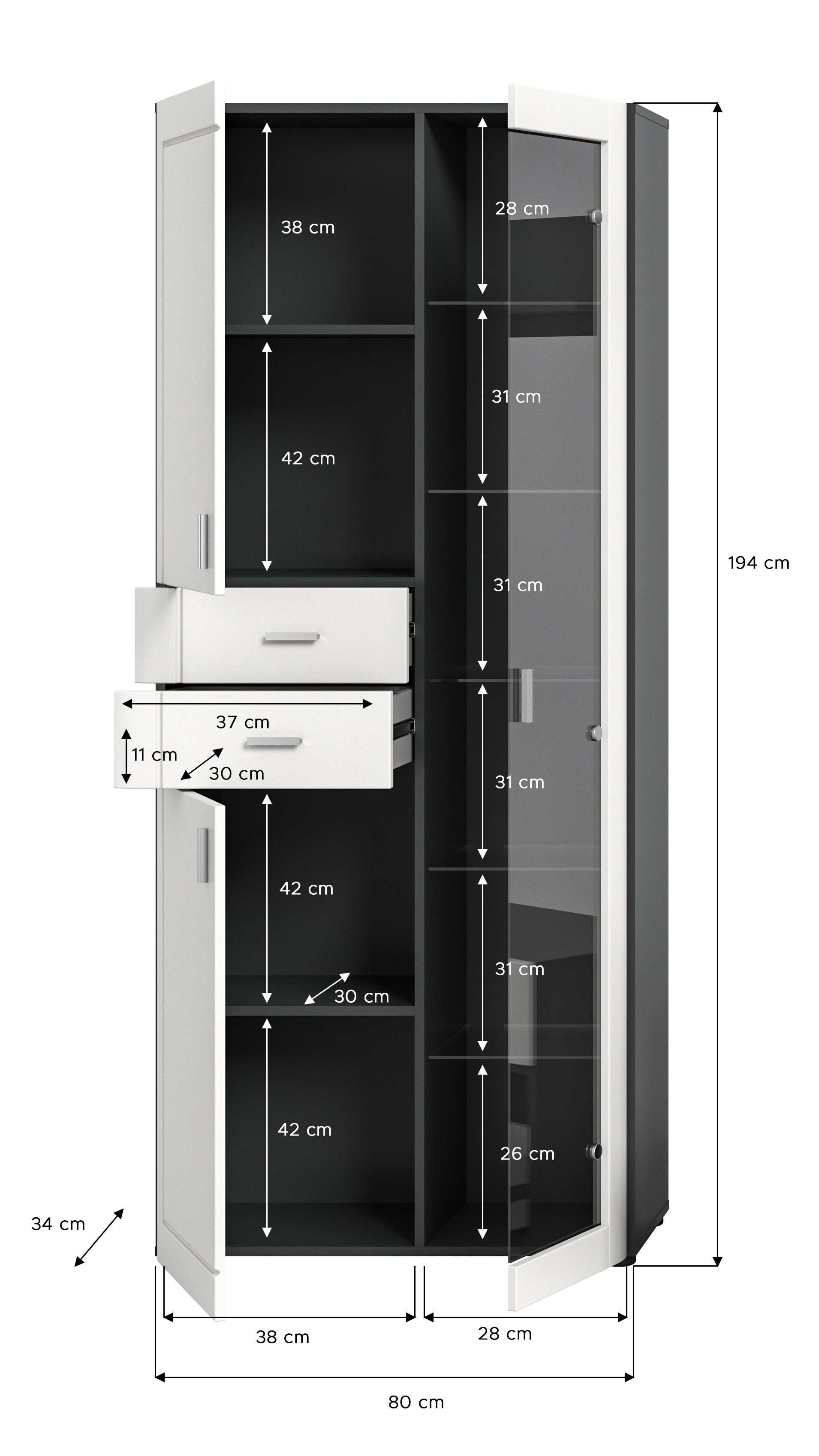 Vitrine LAGO 80 x 194 cm weiß matt/grau