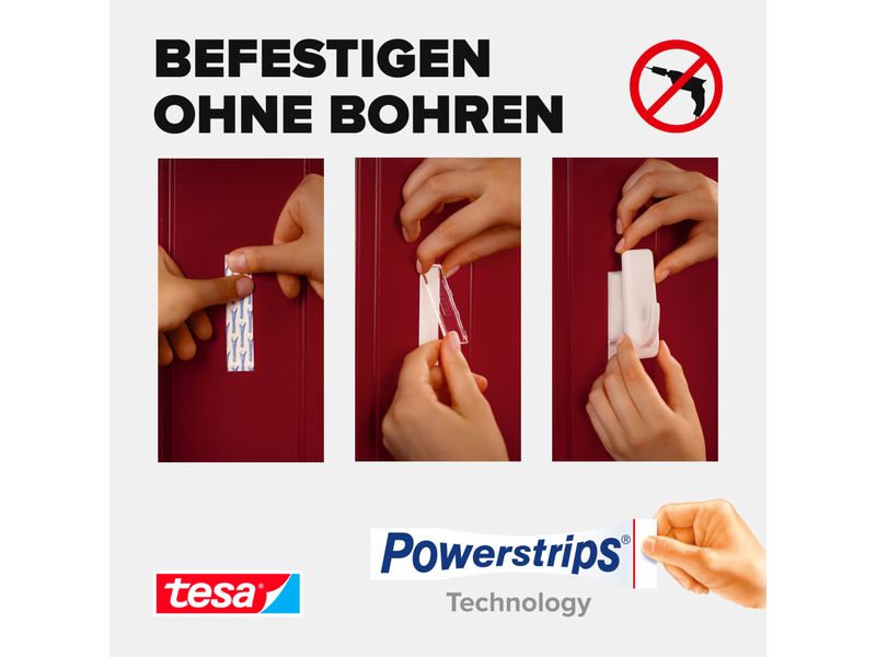 tesa Klebehaken Powerstrips Haken XL Rechteckig Weiss, 3 kg Selbstklebender Haken mit extra starkem Halt – wiederverwendbar – Montage ohne Bohren