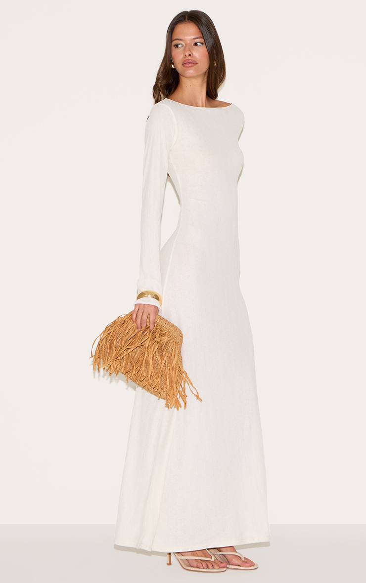 Blanc Robe Maxi Moulante À Manches Longues Col Bateau Texturée